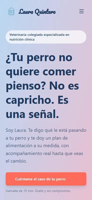 La misma portada de la web de Laura Quintero en un móvil, con el titular y el botón «Cuéntame el caso de tu perro»